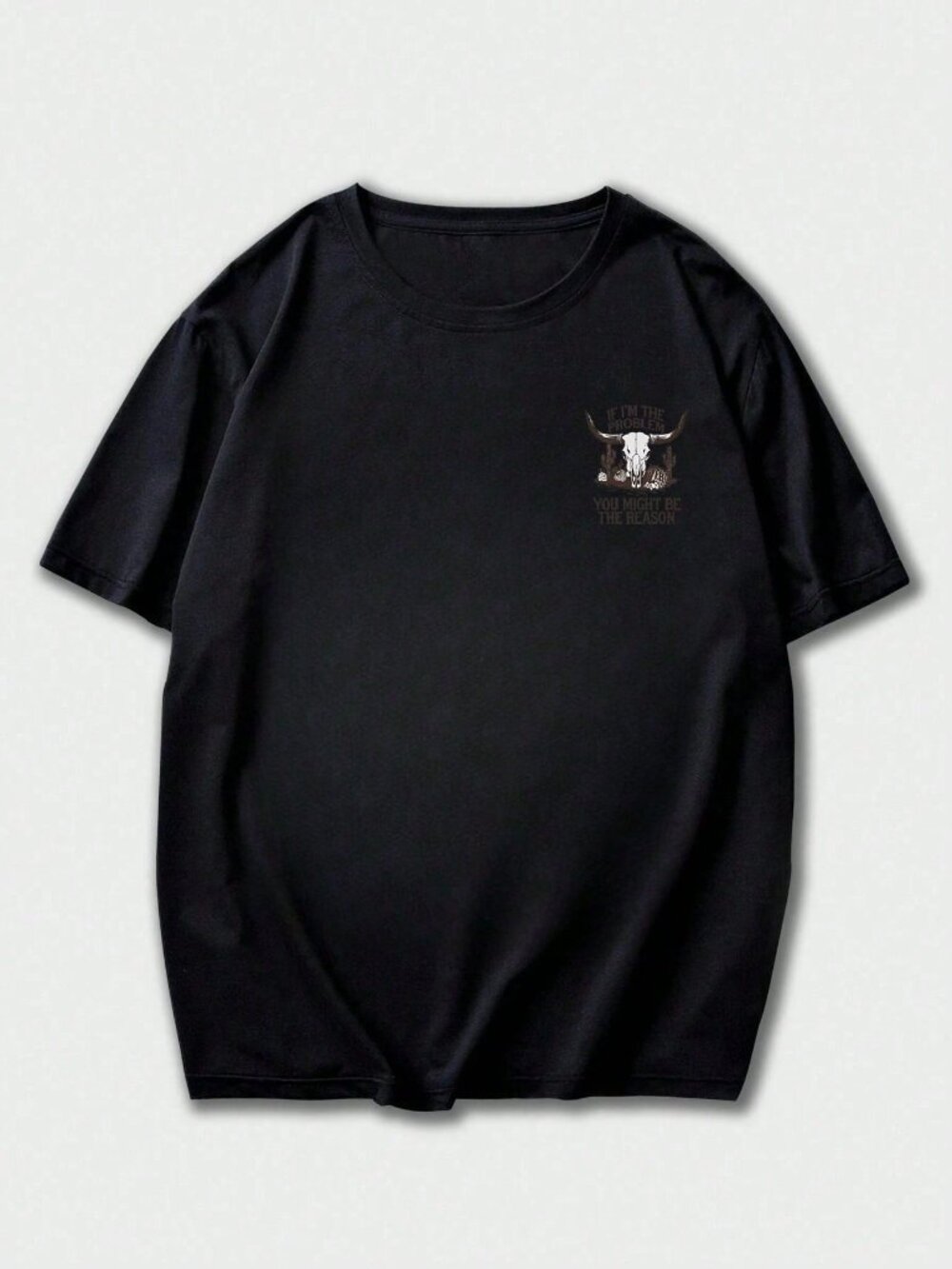 Black Casual Men's Loose Round Neck Drop Sleeve Graphic T-Shirt - Picture 4 of 6